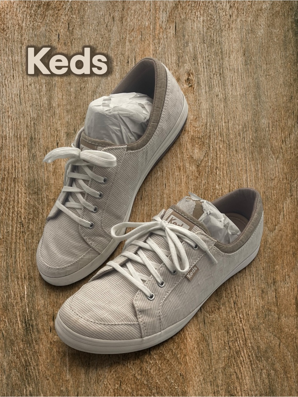 👟 Keds Center II Chambray Striped Canvas Sneakers Tan/Beige Boho Comfort Size 9